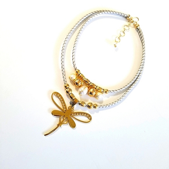 Silver Leather Braided Cord Double Layer Necklace w/ Butterfly - Picture 2 of 6